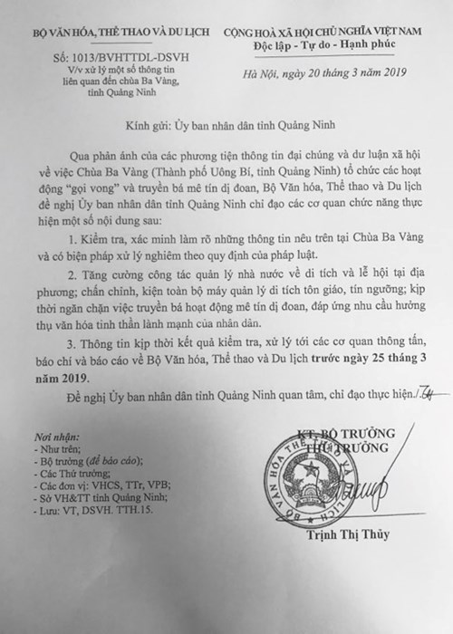 Vụ chùa Ba Vàng: Bộ VHTTDL gửi công văn hỏa tốc tới Ban Tôn giáo Chính phủ, TƯ Giáo hội Phật giáo VN, UBND tỉnh Quảng Ninh - Anh 1