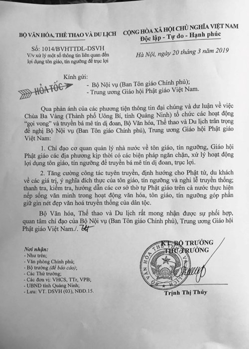 Vụ chùa Ba Vàng: Bộ VHTTDL gửi công văn hỏa tốc tới Ban Tôn giáo Chính phủ, TƯ Giáo hội Phật giáo VN, UBND tỉnh Quảng Ninh - Anh 2