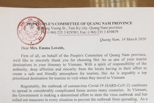 Chủ tịch tỉnh Quảng Nam gửi thư mong du khách cùng hợp tác để phòng, chống dịch Covid-19 - Anh 1