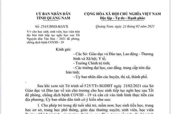 Quảng Nam: Văn bản giả mạo cho học sinh nghỉ học đến hết ngày 21.3 - Anh 1