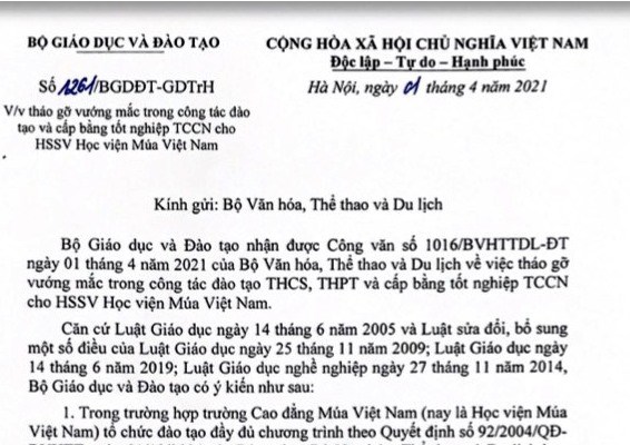 Bộ GD&ĐT đồng ý việc cấp Giấy chứng nhận hoàn thành THPT, Bằng tốt nghiệp TCCN cho học sinh Học viện Múa Việt Nam - Anh 2