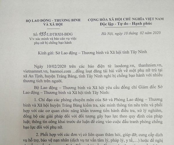 Yêu cầu xác minh và báo cáo kết quả xử lý vụ bạo hành phụ nữ tại Tây Ninh - Anh 1