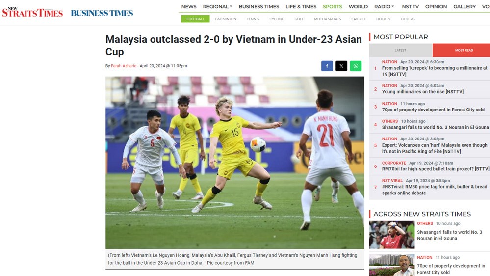 Malaysia đã thua trước sự vượt trội của U23 Việt Nam, tờ New Straits Times thừa nhận