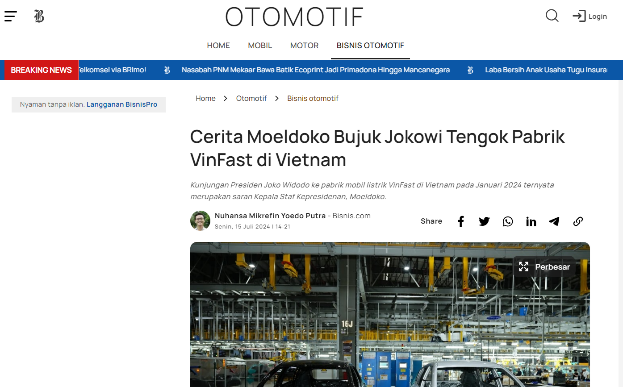 Báo chí Indonesia đặt kỳ vọng với dự án nhà máy xe điện VinFast - ảnh 1