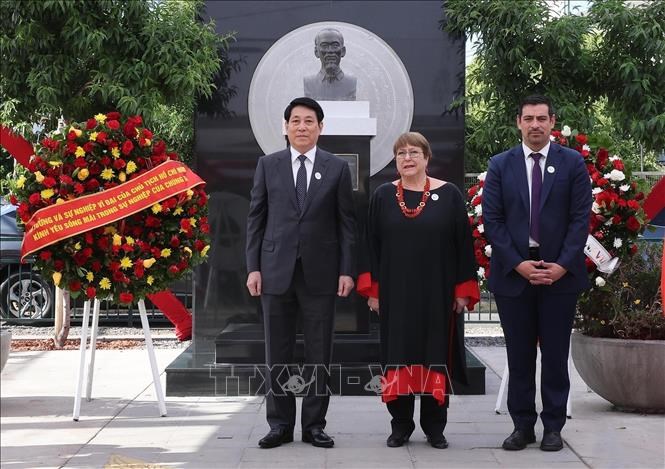 Chủ tịch nước Lương Cường đặt vòng hoa tưởng niệm Chủ tịch Hồ Chí Minh tại Chile - ảnh 4